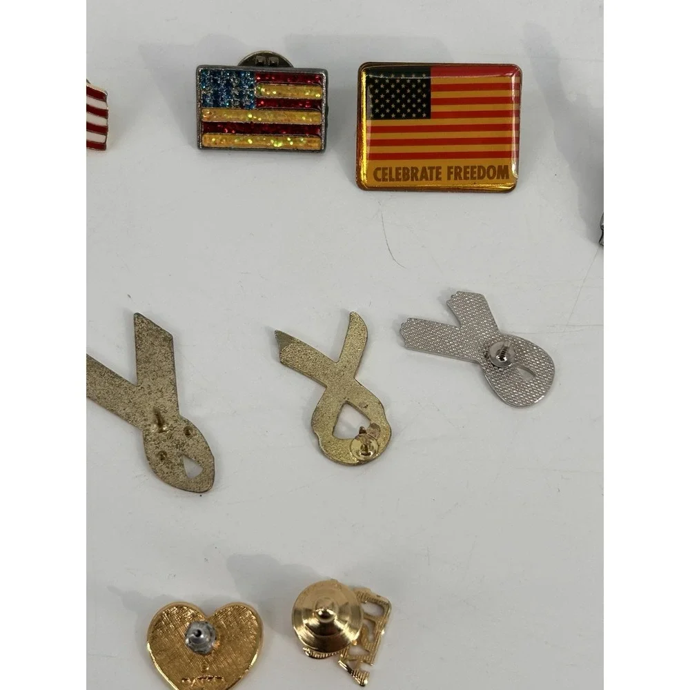 Vintage Patriotic Enamel Lapel Pin Lot Of 9 Pins American Flag Red White Blue